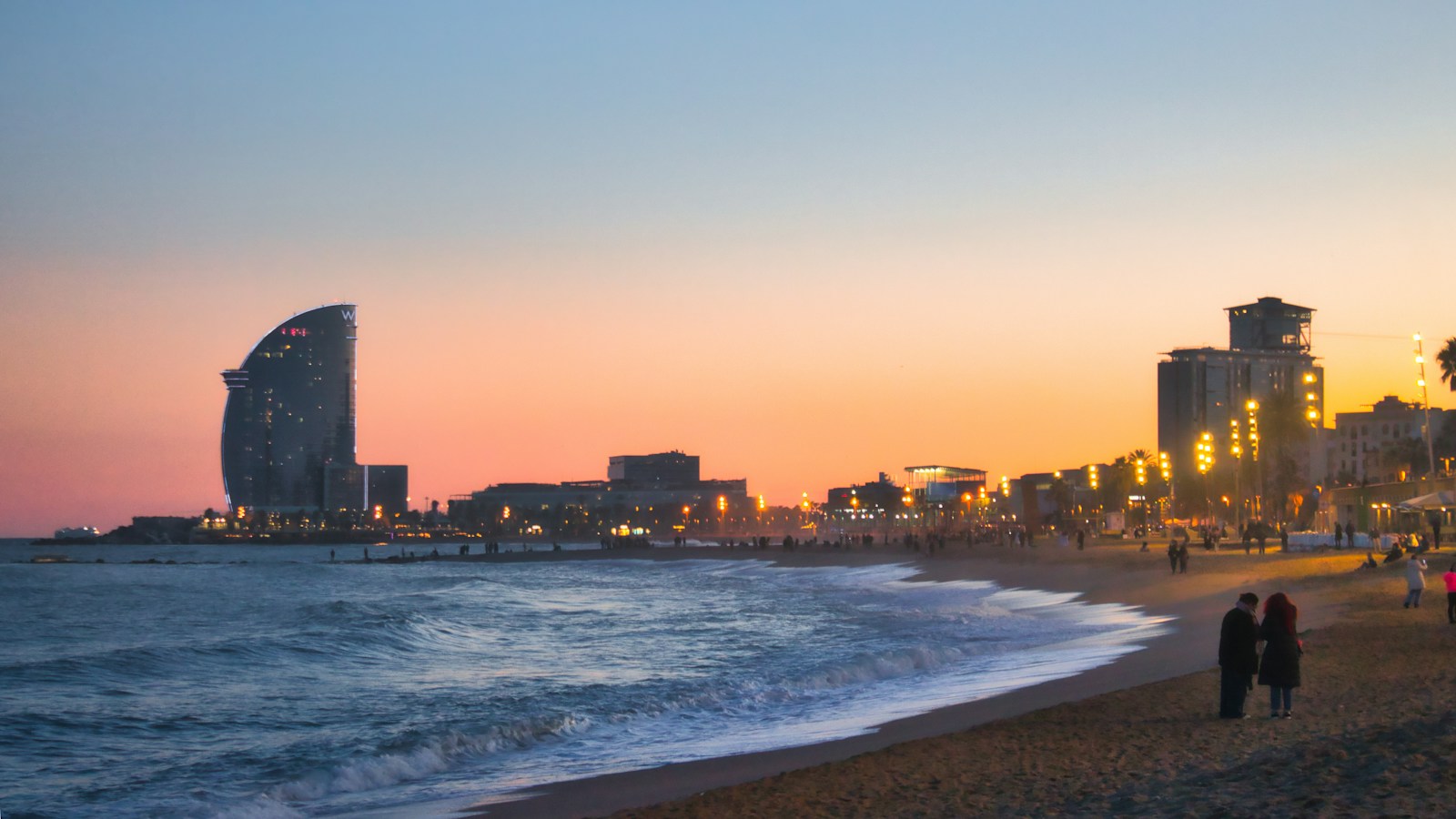 Barcelona beachfront at sunset along the Mediterranean