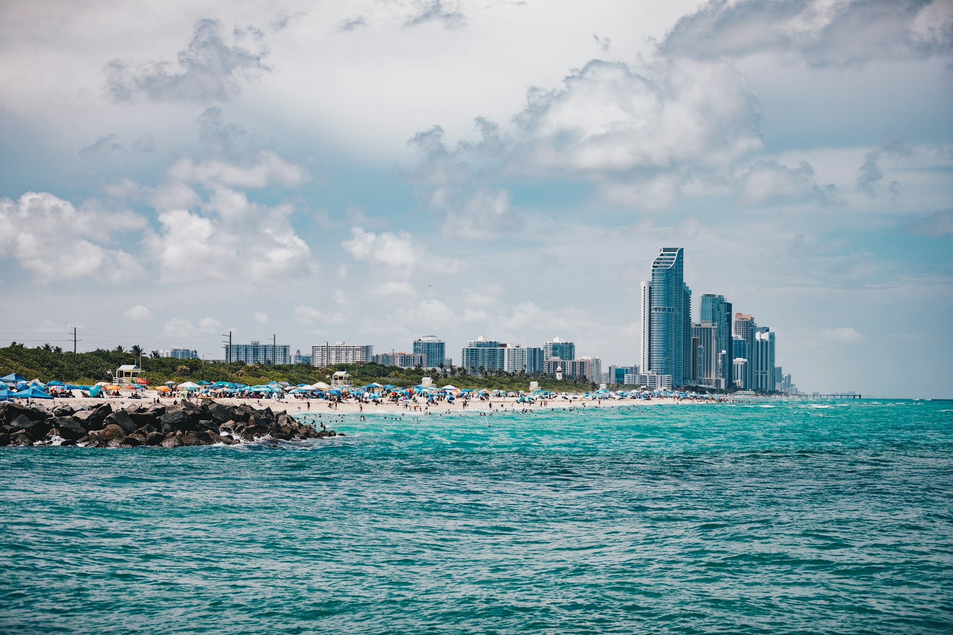 Miami Beach skyline and ocean on a sunny day
